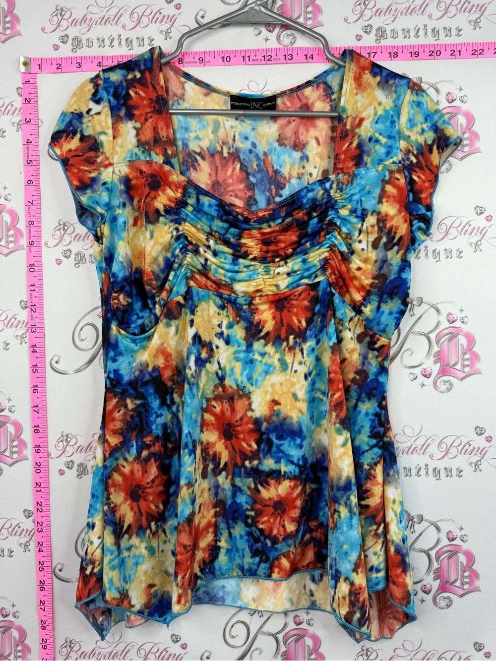 INC International Concepts tee Blue, Orange & Yellow Floral Flutter Sleeve Top